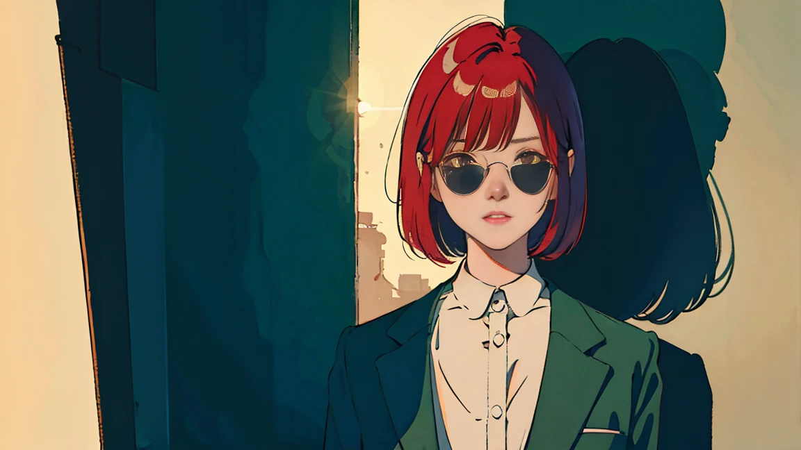 beautiful asian girl with red hair ,perfect face, sunglasses, smoking a white tailor made cigarette, NeonNoir, (backlit: 1.1), hard shadow, masterpiece, best quality, modelshoot style, vintage, film grain