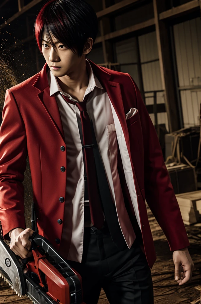 Denji from chainsaw man on red suit