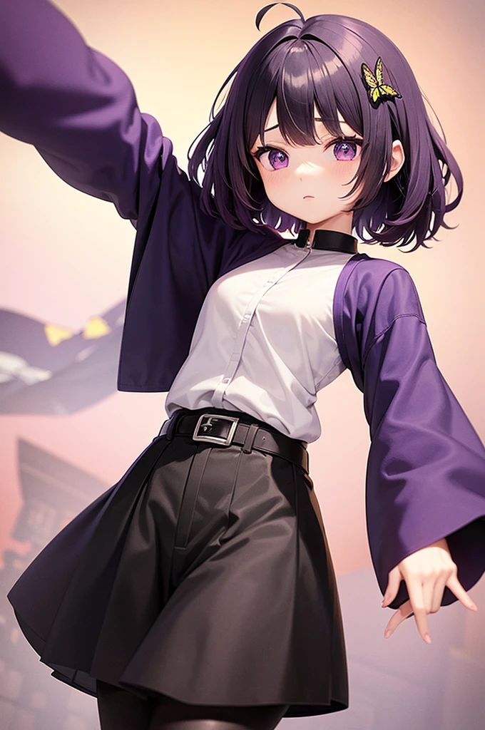 1GIRL, SOLO, KOCHOU SHINOBU, BUTTERFLY HAIR ORNAMENT, PURPLE EYES, MULTICOLORED HAIR, SHORT HAIR, PARTED BANGS, HAORI, WIDE SLEEVES, LONG SLEEVES, BLACK PANTS, BLACK JACKET, BELT