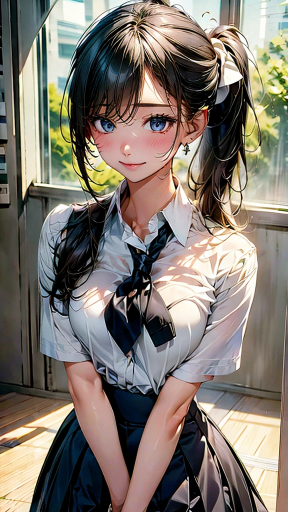 (8K, Best Quality, masutepiece:1.2)、超A high resolution、1 16-year-old female、head tilt、detailed face、deep detailed eyes、star-shaped pupils、happy、school uniform,blazer、navy skirt in plaid skirt、school bag、Black hair、twin braids、独奏、Detailed fingers、Standing in the school music room with a grand piano、Sunset