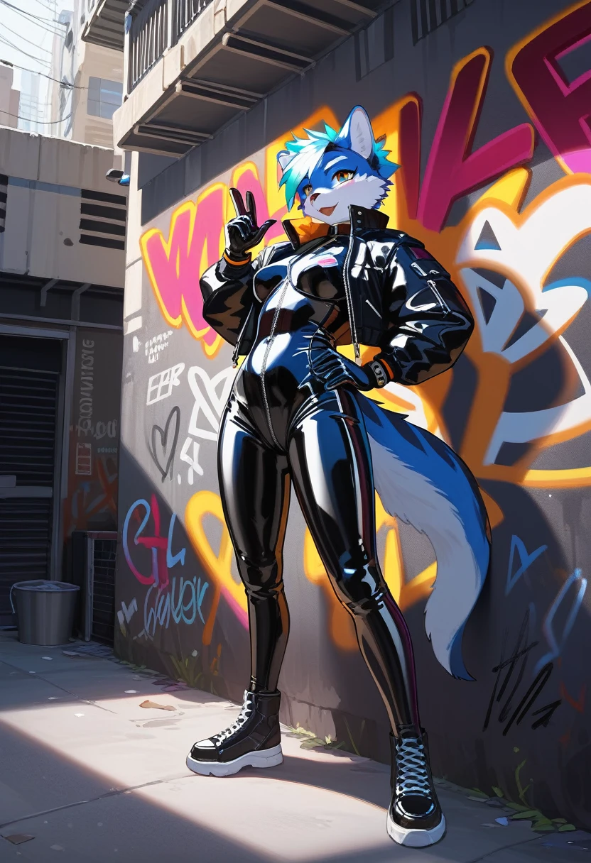 animation, Highest quality, Highest quality, High quality illustrations, masterpiece, Ultra-high resolution, Detailed Background, Alley, Graffiti art on the wall, Absurd, Perfect Anatomy, performance, Good lighting, Shadows in the movies(kemono, Furry Personifi猫ion), Rubber suit, latex, neon, neonライト, neonカラー, Bodysuits, Cyber Suit, Leather Half Jacket, cyber punk, Leaning against the wall, Rubber mask