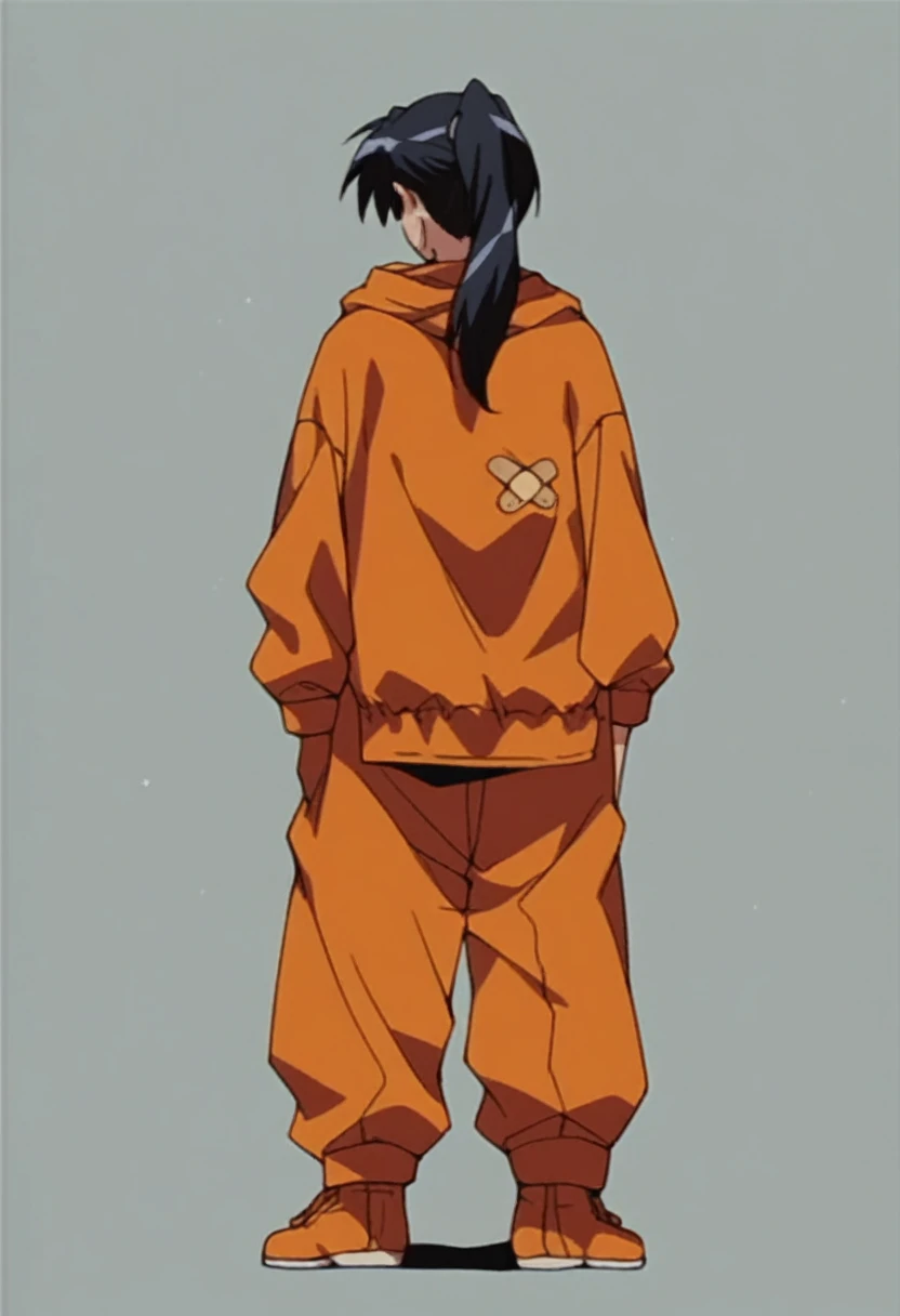 1990s \(style\), One Girl, Black Hair, Facing forward, ponytail, Orange eyeaid clothes,Full-body portrait,