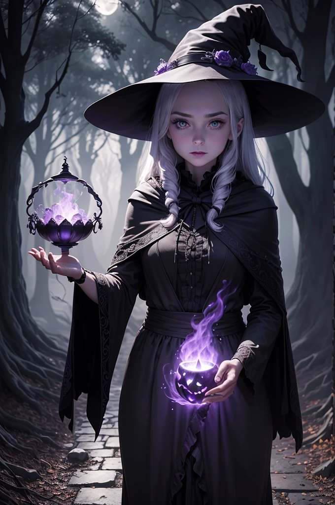 (best quality,4K,high resolution,masterpiece:1.2),Extremely detailed,(Practical,photoPractical,photo-Practical:1.37),Halloween,witch,Full Moon,In a spooky forest,pumpkin lantern,Unforgettable atmosphere,Ominous shadow,Dark and eerie atmosphere,Twisted branches、Creepy trees,Foggy,Fascinating light,witch's broomstick,flying witches silhouettes,witch's cauldron bubbling with magical potions,A charming spell fills the air,Mysterious and magical atmosphere,witch's hat and cloak,Glittering eyes peer through the darkness,Ghostly creatures lurking in the shadows,A net gleaming with dew,A wolf howls in the distance,Unforgettable music,Autumn leaves rustle on the ground,An atmosphere full of mystery and charm,Dark purple and black,The pale moonlight exudes an ethereal glow,Whispers of ancient spells,Dancing torch flames,Silhouette of a black cat in the moonlight,Bats fly in the air,crackling flames，Sparks Fly，Rush into the night sky