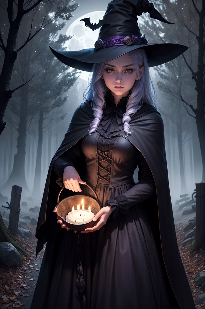 (best quality,4K,high resolution,masterpiece:1.2),Extremely detailed,(Practical,photoPractical,photo-Practical:1.37),Halloween,witch,Full Moon,In a spooky forest,pumpkin lantern,Unforgettable atmosphere,Ominous shadow,Dark and eerie atmosphere,Twisted branches、Creepy trees,Foggy,Fascinating light,witch's broomstick,flying witches silhouettes,witch's cauldron bubbling with magical potions,A charming spell fills the air,Mysterious and magical atmosphere,witch's hat and cloak,Glittering eyes peer through the darkness,Ghostly creatures lurking in the shadows,A net gleaming with dew,A wolf howls in the distance,Unforgettable music,Autumn leaves rustle on the ground,An atmosphere full of mystery and charm,Dark purple and black,The pale moonlight exudes an ethereal glow,Whispers of ancient spells,Dancing torch flames,Silhouette of a black cat in the moonlight,Bats fly in the air,crackling flames,Sparks Fly,Rush into the night sky