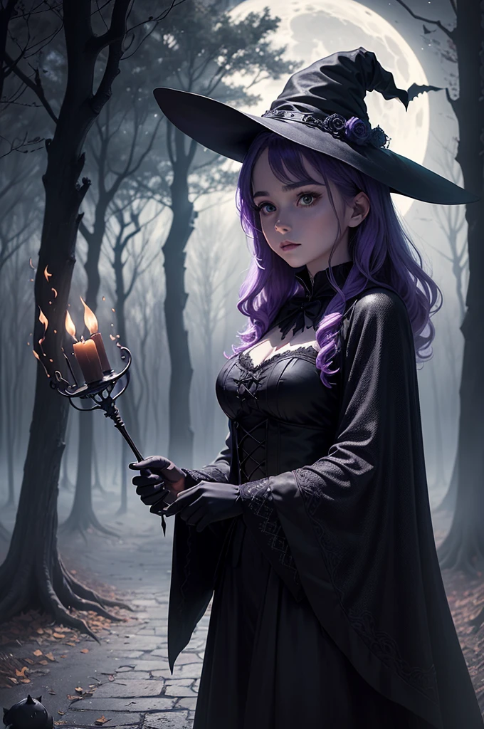 (best quality,4K,high resolution,masterpiece:1.2),Extremely detailed,(Practical,photoPractical,photo-Practical:1.37),Halloween,witch,Full Moon,In a spooky forest,pumpkin lantern,Unforgettable atmosphere,Ominous shadow,Dark and eerie atmosphere,Twisted branches、Creepy trees,Foggy,Fascinating light,witch's broomstick,flying witches silhouettes,witch's cauldron bubbling with magical potions,A charming spell fills the air,Mysterious and magical atmosphere,witch's hat and cloak,Glittering eyes peer through the darkness,Ghostly creatures lurking in the shadows,A net gleaming with dew,A wolf howls in the distance,Unforgettable music,Autumn leaves rustle on the ground,An atmosphere full of mystery and charm,Dark purple and black,The pale moonlight exudes an ethereal glow,Whispers of ancient spells,Dancing torch flames,Silhouette of a black cat in the moonlight,Bats fly in the air,crackling flames,Sparks Fly,Rush into the night sky