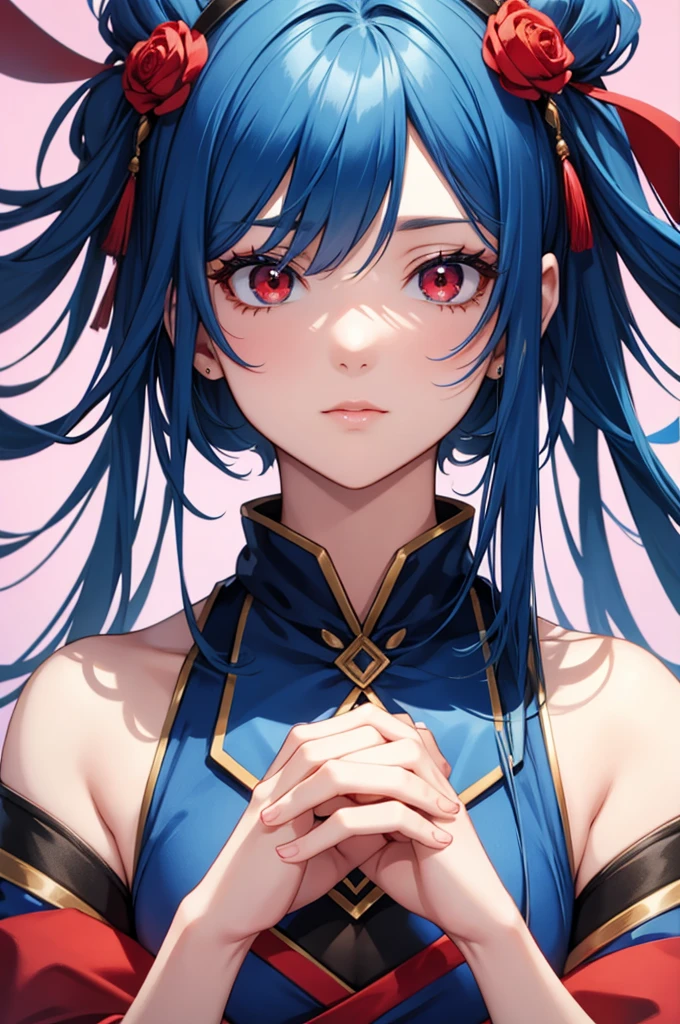 Blue Hair、Center parted bangs、Red eyes