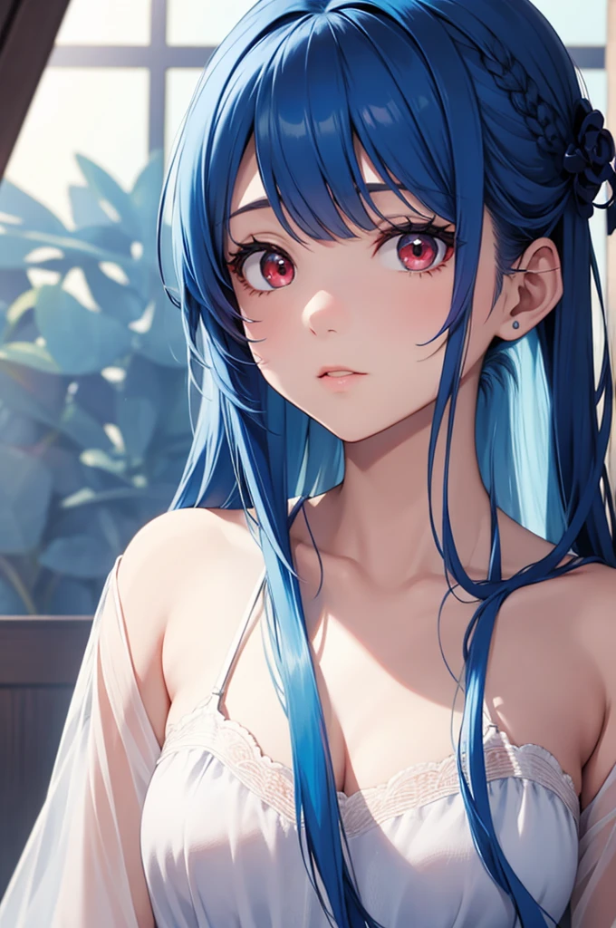 Light like a movie、Lewd white pajama girl、, NSTDA.、Dresses、Upper Body Up、shy、((Red 1.4))、El、POV straddle,,light blue hair, long hair, Madpia