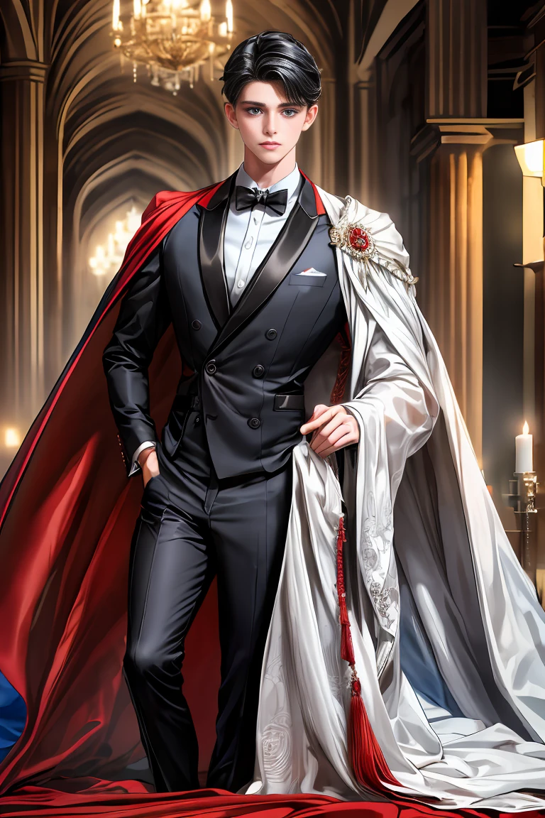 masterpiece, 最high quality, high quality, 1 boy, alone, Male focus, Watching the audience, Messy black hair, Adorable big blue eyes, White people, Noble, Noble,Sexy voluminous black and red cape、Tuxedo、A very voluminous, large, very large, very large, long, long red and black cape with a high stand-up collar, reaching down to the floor, made of a lot of fabric., 17 years old,Cute beautiful boys,Cute, cute, kind, handsome guy