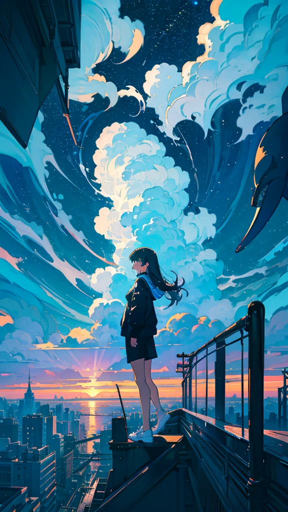 masterpiece, Exquisite detail,Highest quality, One girl, alone, handrail, cloud, Looking up at the buildings,Long Hair, NULL, Long sleeve, Power lines, White footwear, Black Hair, View your viewers, Electric pole, bangs, cloudy NULL, fish, bird, Green Eyes, Shorts, Day, Black Shirt, barefoot,Whale flying in the sky,Giant whale,night,Star,milky way,night,Pitch black,Buildings,Sitting, High quality anime art style,Standing painting,Splash ink background,Blue Themes,Clear Face,Distinct facial features,Clear eyes and nose,beautiful,