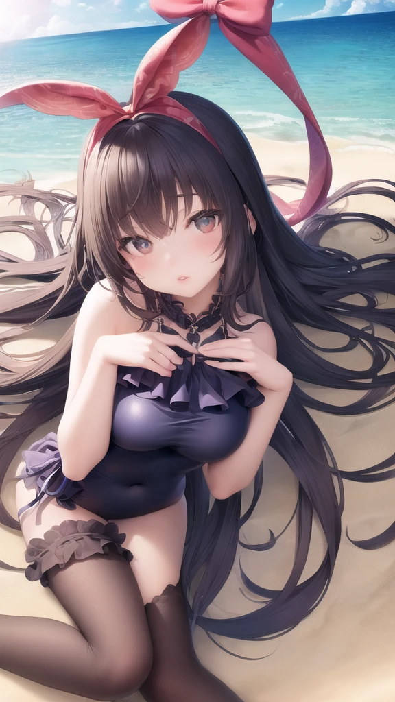 1 girl, cute girl, pretty face, bitter smile, 12 years old, Beautiful black long hair, beautiful eyes, flat chest, small build, short torso, Small buttocks, No muscles, white skin, Very small bikini, micro bikini, see-through, Under the sea