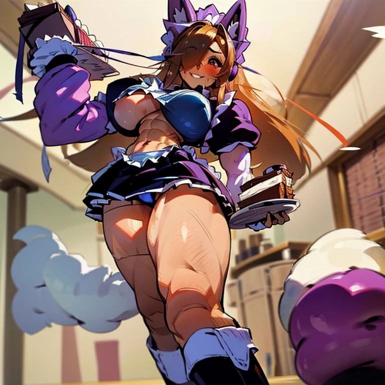 Sexy girl, lean, shredded abs, thick thighs, big biceps, flexing abs, wearing white shirt, white/blue shirt, purple sleeves, big breasts, maid outfit, black skirt, whiskers on face, Sus face, blushing, black skirt, struggling, 6 pack abs, gold belt, huge hips, sexy body, winking, lots of freckles, tan, black hair, sexy face, glitter in hair, smiling , beautiful face, brown eyes, girl wearing black straps on skirt, sweaty abs, muscular hips , sexy figure, standing in coffee shop, adult, thick body, sexy , big hips and waist, huge hips , Sus face, shredded hips and waist, wearing blue boots, Collete, 6 pack abs, moaning, weary atmosphere, short girl, leaning back on wall, short, sexy body , headphones on head, holding coffee cups, wide body, thick body, winking, holding cup firmly, holding cup , long hair, perfect arms, brown eyes, blonde hair, abs, huge white gloves, holding plates in other hand, long hair, muscular legs