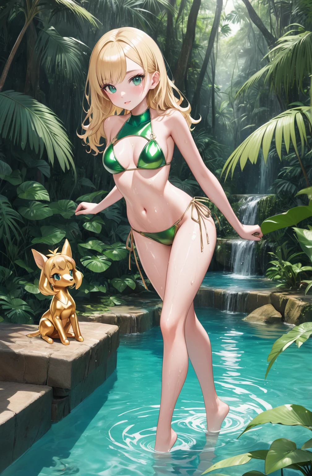 araffe in a bikini verde standing in a pool of water, bikini verde, metal bikini, green swimsuit, Beautiful bikini model, shiny plastic bikini, in the jungle, Shiny gold bikini, wet swimsuit, blonde goddess, green body, swimsuit model, in a jungle, model bikini, bikini armor, Full body photo in bikini, Alexa Grace, blue bikini