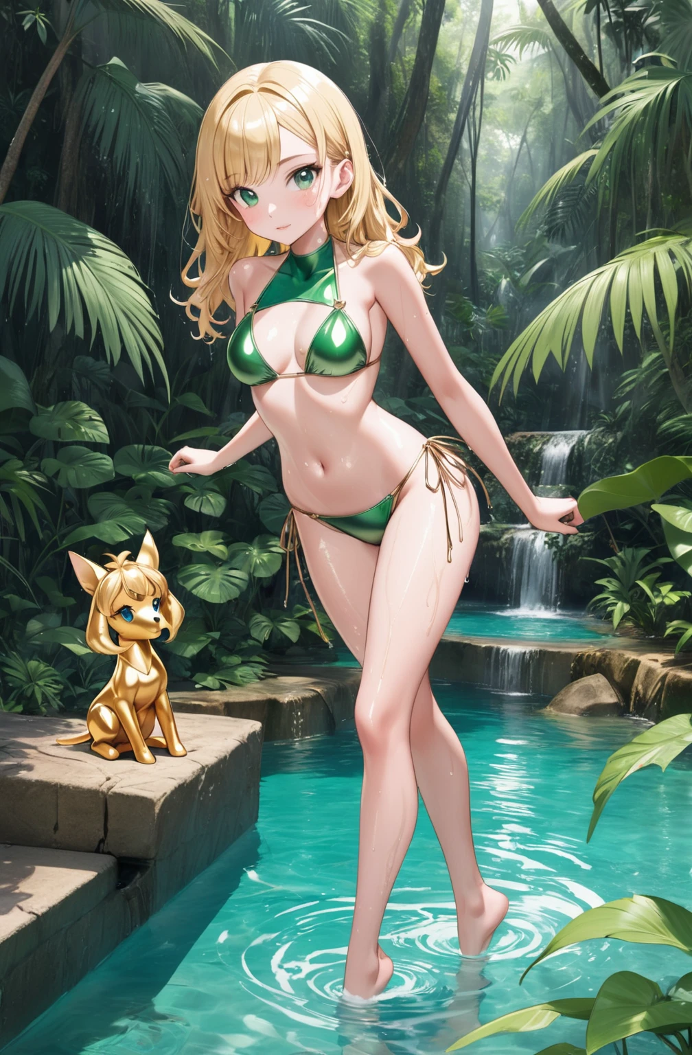 araffe in a bikini verde standing in a pool of water, bikini verde, metal bikini, green swimsuit, Beautiful bikini model, shiny plastic bikini, in the jungle, Shiny gold bikini, wet swimsuit, blonde goddess, green body, swimsuit model, in a jungle, model bikini, bikini armor, Full body photo in bikini, Alexa Grace, blue bikini