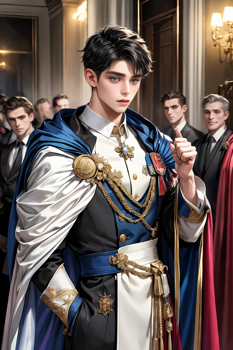 
masterpiece, 最high quality, high quality, 1 boy, alone, Male focus, Watching the audience,  Messy black hair, Adorable big blue eyes, White people, Noble, Noble,Sexy voluminous cape、vampire、A very voluminous, large, very large, very large, long, long red and black cape with a high stand-up collar, made of a lot of fabric that reaches down to the floor., ,Cute beautiful boys,Cute, cute, kind, handsome guy