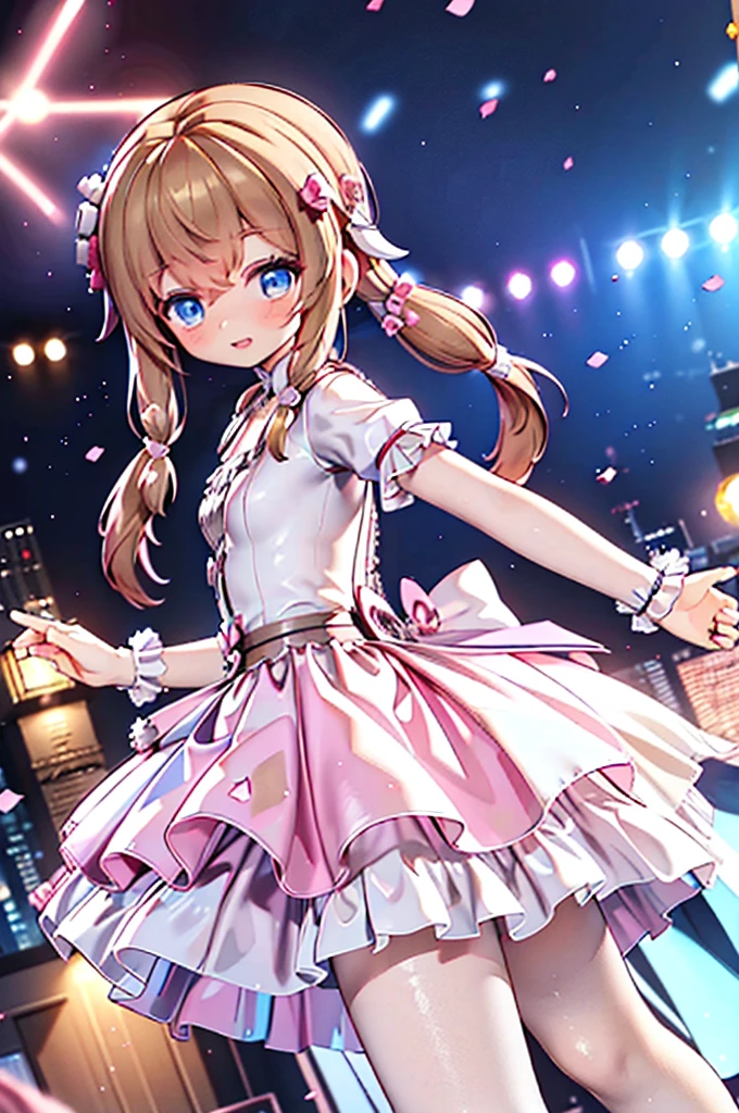 Solo girl, comical, kawaii, Blue eyes, light brown hair, back high twintails, front braids, princess dress, smile, front view, dance at the stage, neon and led lights, posing, flying kiss, high resolution image, masterpiece, high quality, attractive eyes, ((dutch angle))
