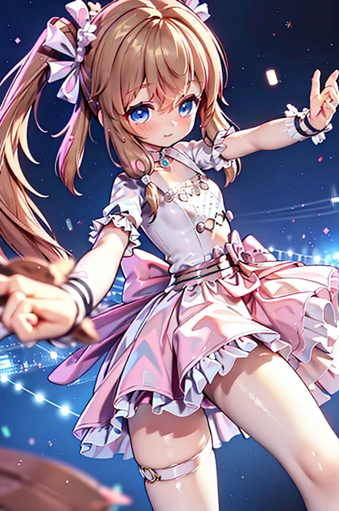 Solo girl, comical, kawaii, Blue eyes, light brown hair, back high twintails, front braids, princess dress, smile, front view, dance at the stage, neon and led lights, posing, flying kiss, high resolution image, masterpiece, high quality, attractive eyes, ((dutch angle))
