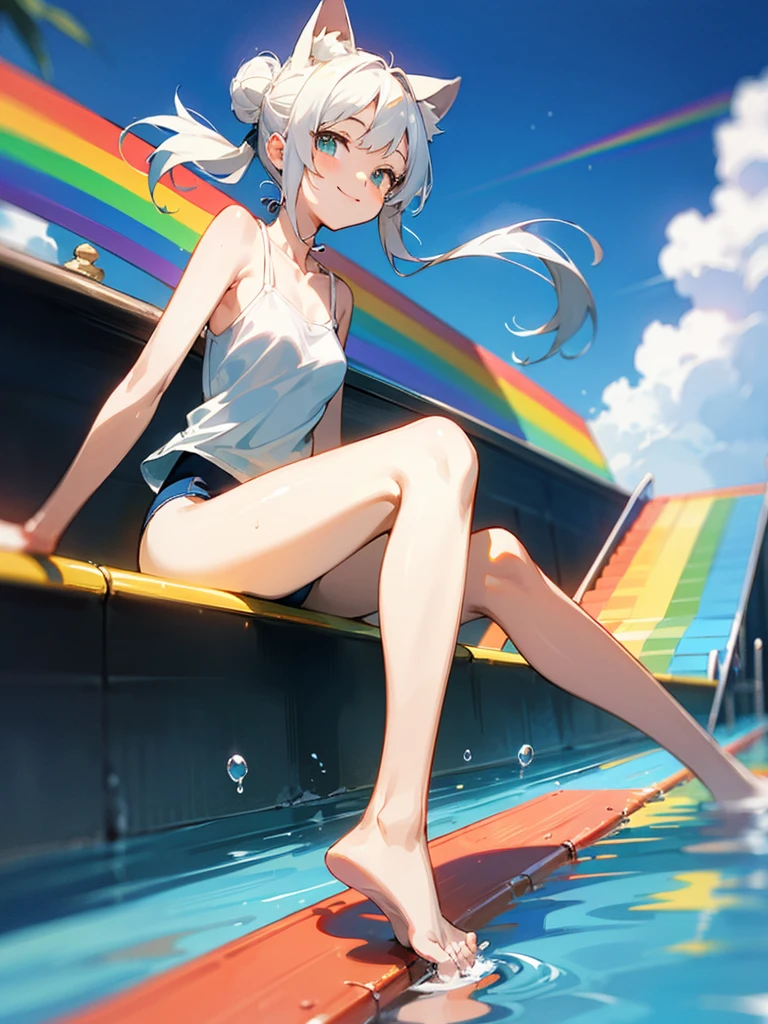 独奏,looking at viewer,white hair,topknot,White camisole swimsuit、smile、fun、rainbow, rainbow water slider, steep and long slope, sliding, sitting and sliding on the rainbow, floating hair, holding knee, playing slide,Sliding down the slide at tremendous speed, blue sky,motion blur, depth of field, line of effect,