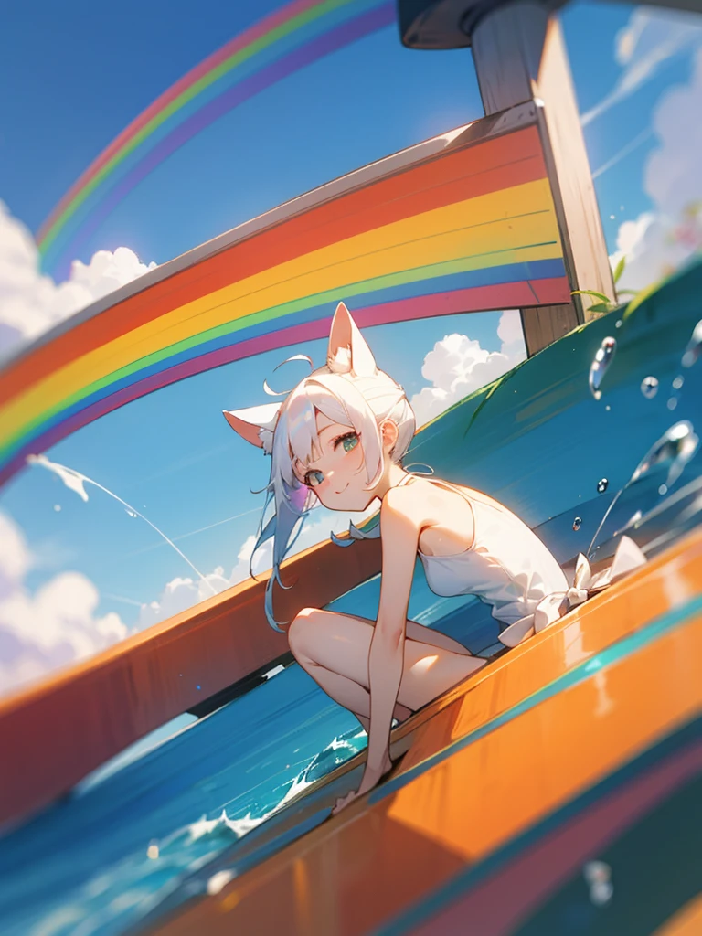 独奏,looking at viewer,white hair,topknot,White camisole swimsuit、smile、fun、rainbow, rainbow water slider, steep and long slope, sliding, sitting and sliding on the rainbow, floating hair, holding knee, playing slide,Sliding down the slide at tremendous speed, blue sky,motion blur, depth of field, line of effect,