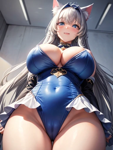 (masterpiece), (Highest quality), One girl, (Angle from below)+++, Grin+, Long Hair, Gray Hair, Cat ear, blue eyes, (Big Breasts)++, (Wide Hips)++, Bunny Suit
