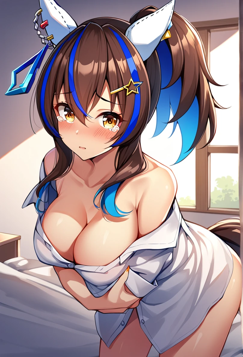 1Girl,solo,daitaku helios(umamusume), umamusume,ster, black hair, ponytail, horse ears, breasts, solo, large breasts, shirt, cleavage, bed, tears, breast hold, naked shirt,blush, pillow, off shoulder, white shirt, looking at viewer, dress shirt, hair ornament, window, indoors, covering privates, bottomless, best quality, aesthetic, mid, recent,pov