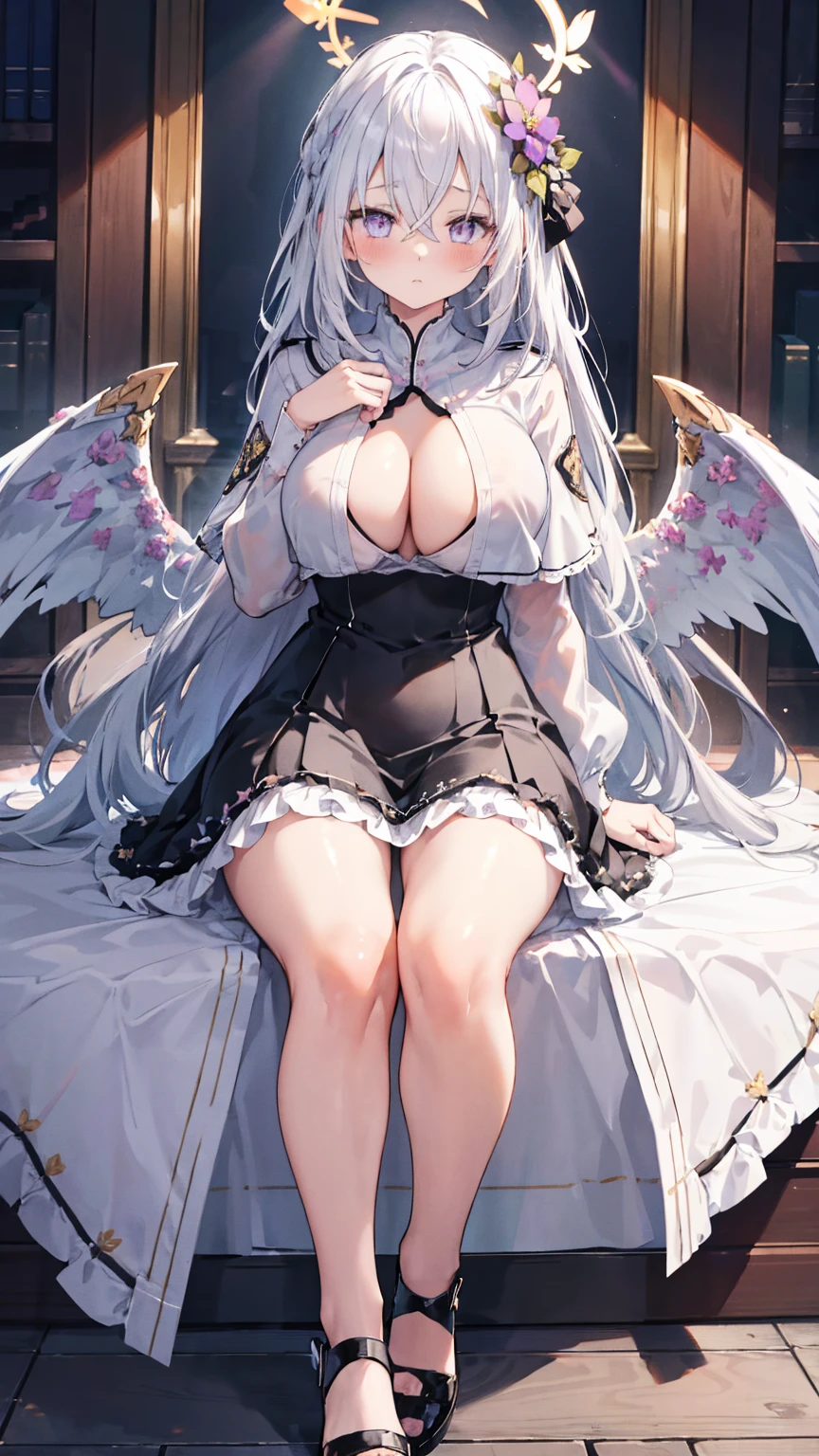 azusa \(blue archive\),purple eyes,white hair,long hair,wings,hair flower,halo,white capelet,black sailor collar,black frilled dress,white footwear,(exposed chests:1.4),(big chest:1.3),(big breast:1.3),(blush:1.2)