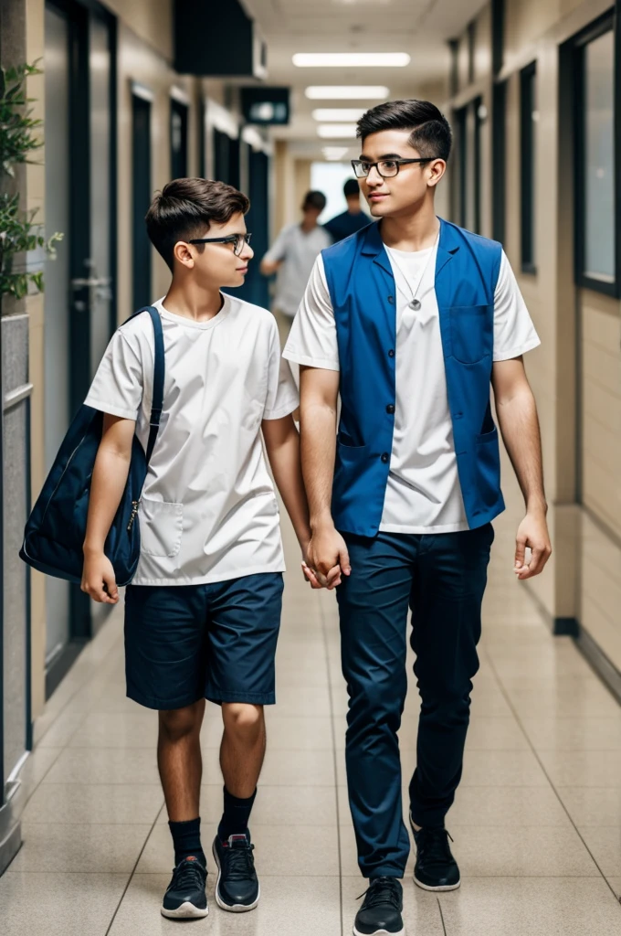 A young boy wearing glasses sits and looks sadly at a young nurse and a young man walking hand in hand.