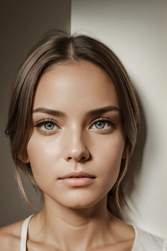 photograph of a woman who holds a strip of paper in front of her eyes that displays a pencil drawing of eyes, beautiful studio lighting photography in which the drawing of eyes obscures the real eyes
