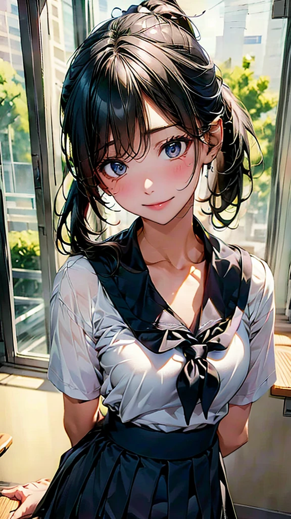 School、White shirt、Black Skirt、School、multiple:1.5、graduate School、ponytail