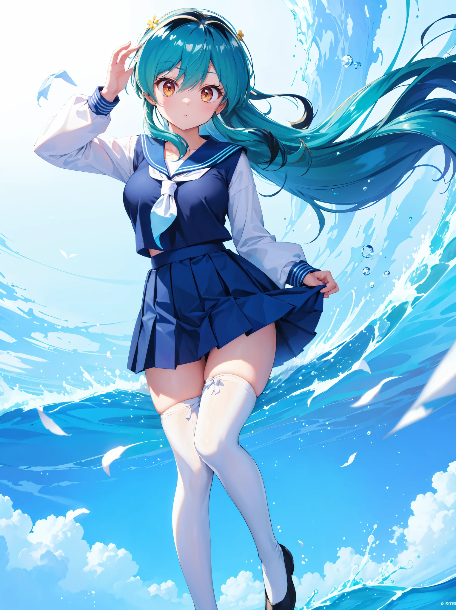 (1 Girl),(high quality), (High resolution), (Very detailed), (8K),(Demolition paperback correct)、Urusei Yatsura、Ram-chan、((White and navy blue sailor suit))、Navy blue pleated skirt、Cute Underwear、((Focus on the whole body))、Nipple Shape、((Black knee-high stockings))、Hair messed up by the strong wind、Neutral White Lighting,Sexy pose、