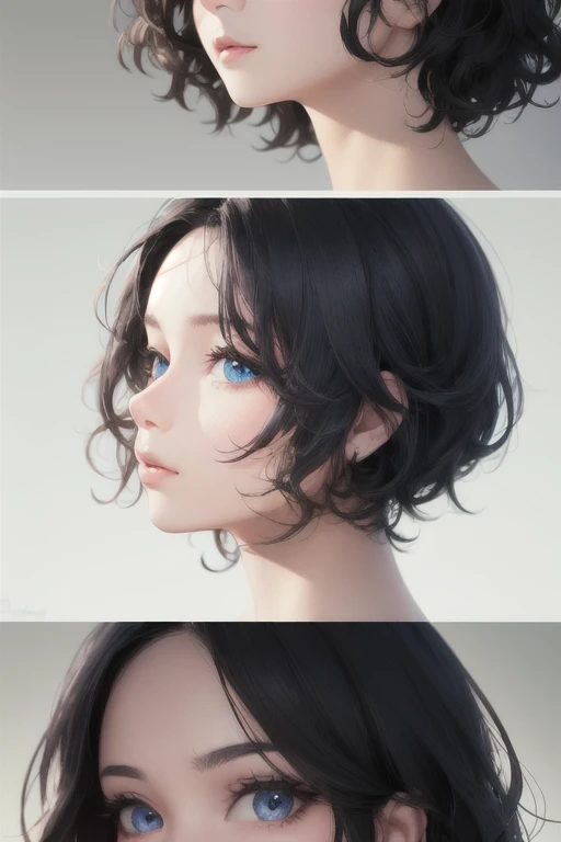 girl,Character design sheet,Beautiful attention to detail,Beautiful lip detail,Very detailed目と顔,Long eyelashes,Realistic,photoRealistic:1.37,Very detailed,Professional,Vibrant colors,Portraiture,Studio Lighting,Sharp focus,Physically Based Rendering,High resolution,超High resolution. blue eyes,Big eyes, Short Hair,Curly hair、Black Hair,Forehead,Lower eyes,Nape、Shoulder,profile