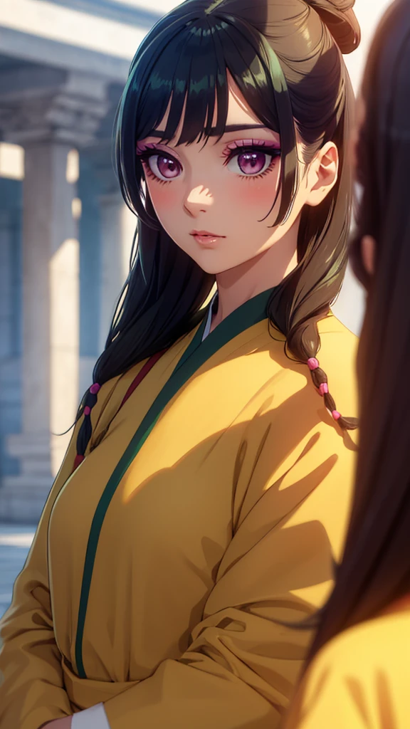 closeup face, Woman 1, Upper part of the body, Fashionable golden blouse with high neck.,((shadow, blush, green makeup on the eyelids, long eyelashes)), Background in a public place.,Very detailed CG, Unit, 8K Wallpapers, of the highest quality, high resolution, beautiful lighting, shadow realista,Highly detailed face,Highly detailed eyes,Highly detailed hair