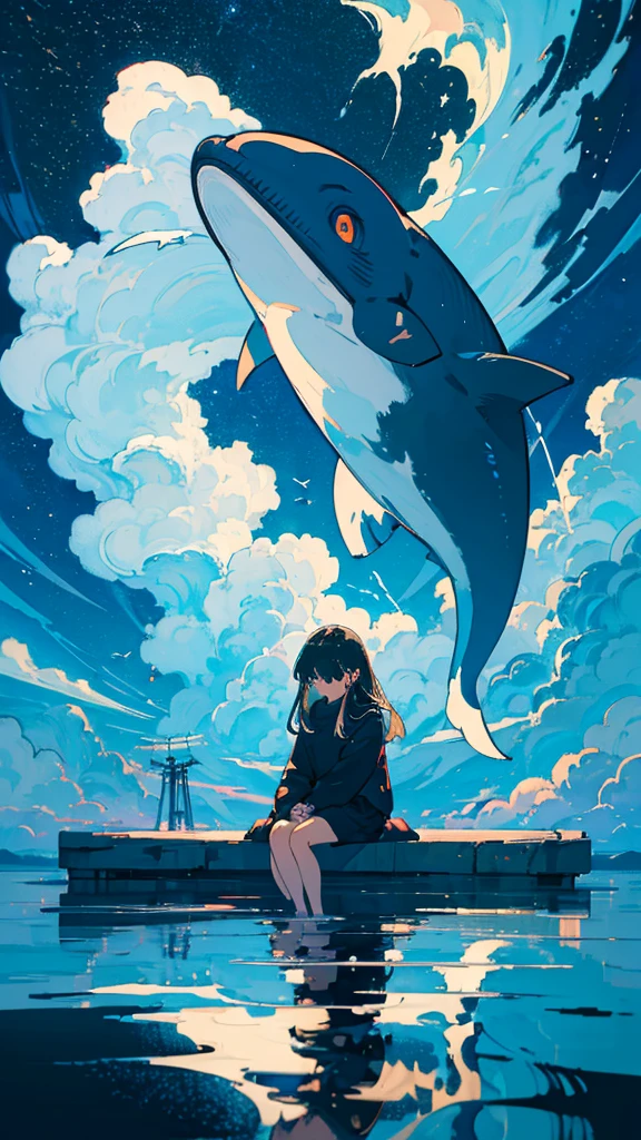 masterpiece, Exquisite detail,Highest quality, One girl, alone, handrail, cloud, Looking up at the buildings,Long Hair, NULL, Long sleeve, Power lines, White footwear, Black Hair, View your viewers, Electric pole, bangs, cloudy NULL, fish, bird, Green Eyes, Shorts, Day, Black Shirt, barefoot,Whale flying in the sky,Giant whale,night,Star,milky way,night,Pitch black,Buildings,Sitting, High quality anime art style，Standing painting，Splash ink background，Blue Themes,Clear Face,Distinct facial features,Clear eyes and nose,beautiful,
