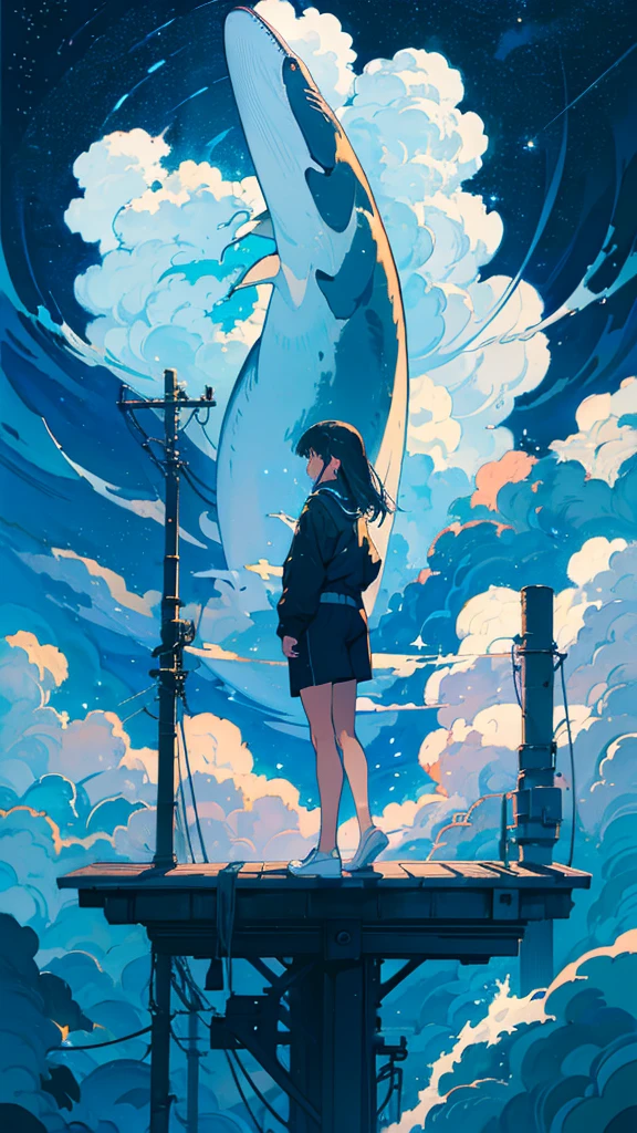 masterpiece, Exquisite detail,Highest quality, One girl, alone, handrail, cloud, Looking up at the buildings,Long Hair, NULL, Long sleeve, Power lines, White footwear, Black Hair, View your viewers, Electric pole, bangs, cloudy NULL, fish, bird, Green Eyes, Shorts, Day, Black Shirt, barefoot,Whale flying in the sky,Giant whale,night,Star,milky way,night,Pitch black,Buildings,Sitting, High quality anime art style，Standing painting，Splash ink background，Blue Themes,Clear Face,Distinct facial features,Clear eyes and nose,beautiful,