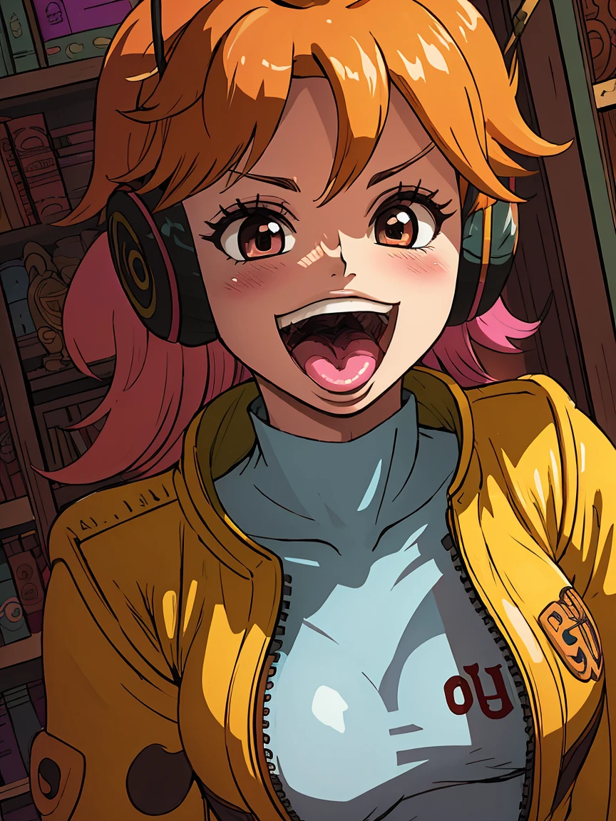 masterpiece, ((ultra detailed background, delicate pattern, intricate detail)), (highly detailed, fine details), best quality, beautiful lighting, ((medium breasts, slim girl)), 1girl, Lilith, ((mischievous smile)) ,(bangs covering one eye), ((light ginger hair)),headphones, (brown eyes), dark-purple jacket, ((pink bodysuit, full-body suit)), complex detailed background, inside, castle room environment, medieval castle, gray walls, window, bookshelf, (close-up, portrait),  blush, open mouth, big mouth, tongue, tongue out, close up, saliva, uvula, uvula, room, mouth focus, excessive saliva,