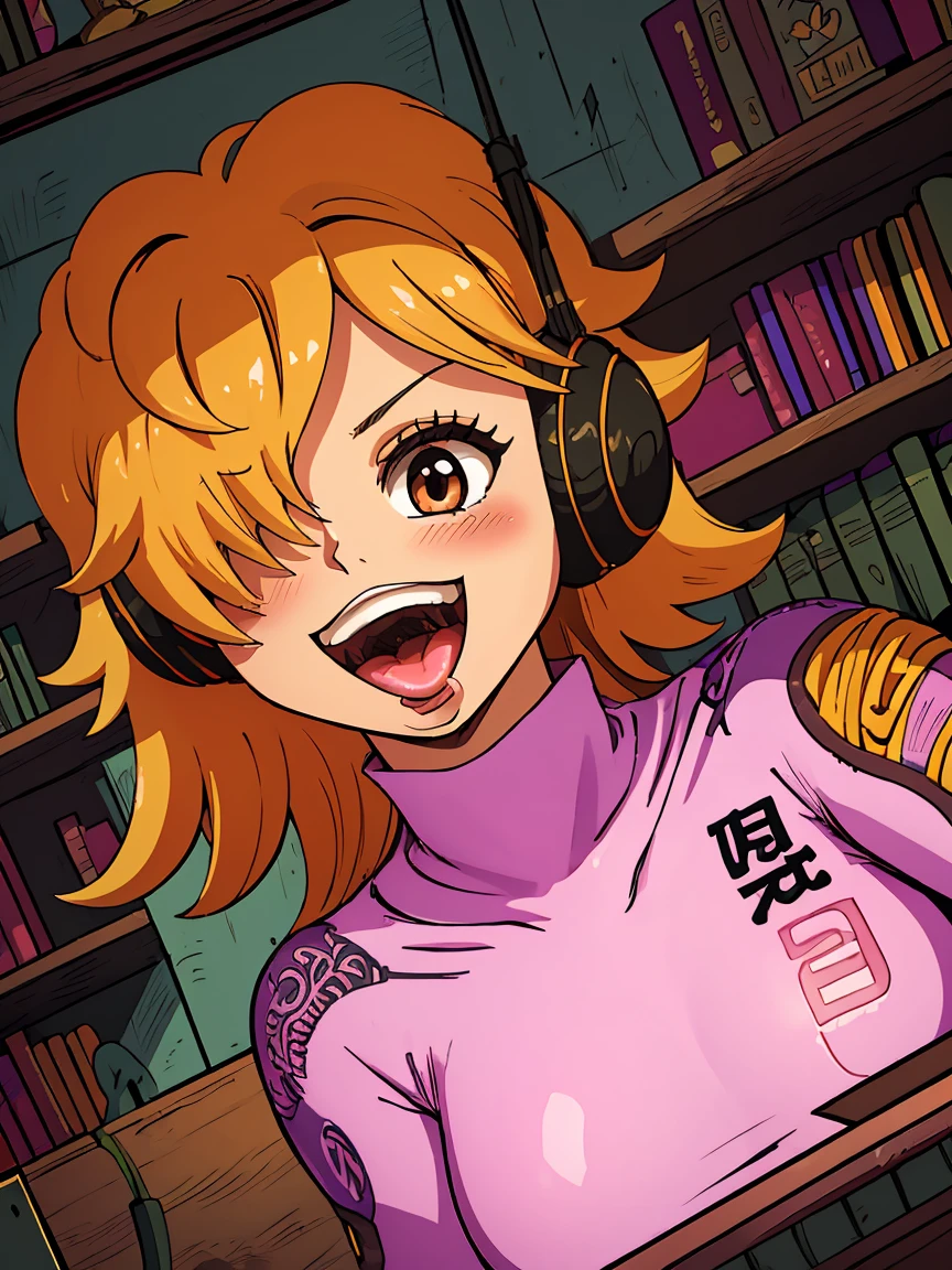 masterpiece, ((ultra detailed background, delicate pattern, intricate detail)), (highly detailed, fine details), best quality, beautiful lighting, ((medium breasts, slim girl)), 1girl, Lilith, ((mischievous smile)) ,(bangs covering one eye), ((light ginger hair)),headphones, (brown eyes), dark-purple jacket, ((pink bodysuit, full-body suit)), complex detailed background, inside, castle room environment, medieval castle, gray walls, window, bookshelf, (close-up, portrait),  blush, open mouth, big mouth, tongue, tongue out, close up, saliva, uvula, uvula, room, mouth focus, excessive saliva,