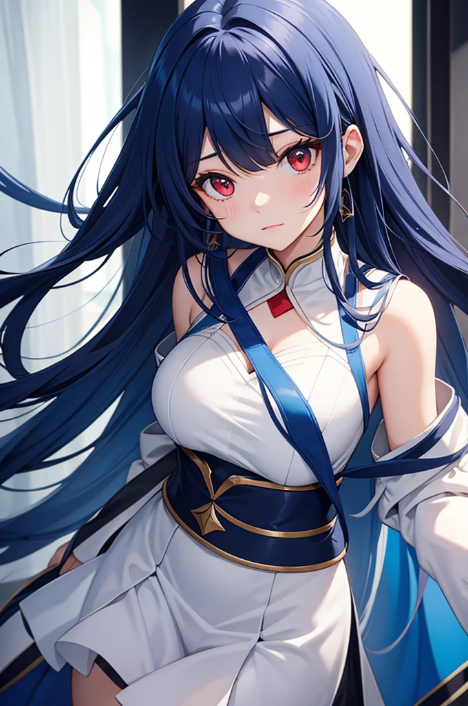 Blue colored long hair、Center parted bangs、Red eyes