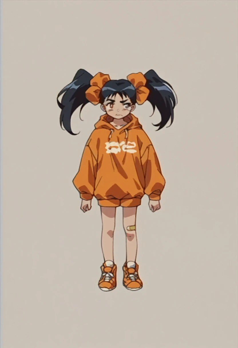  1990s \(style\), One Girl, Black Hair,   Facing forward, Twin tails,  Orange eyeaid clothes，Full-body portrait，