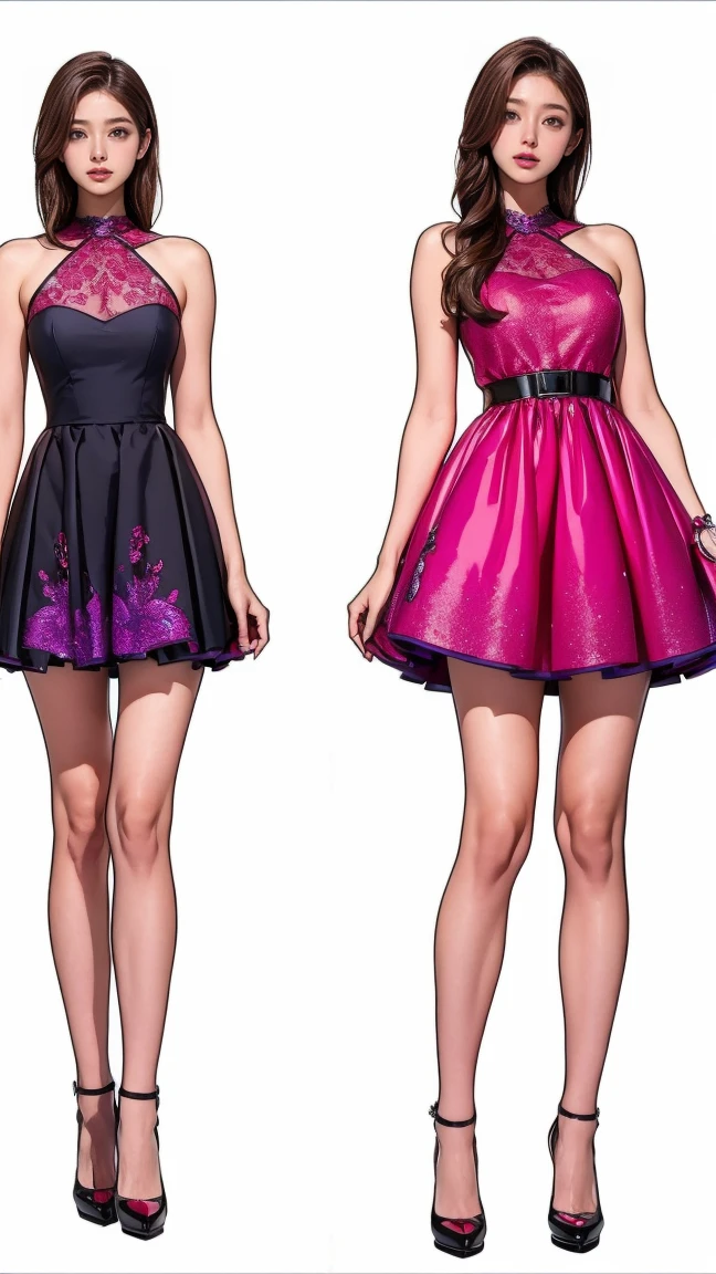 ((masterpiece)),(((Highest quality))),((Character design sheet)),Thin thighs,Long legs,Highest quality,masterpiece,Ultra-high resolution,(Actual:1.4),Original photo,Ultra-high resolution，8K，There are also women，Fair skin，Big wave diamond purple and cool black collaboration dress:1.5，High heels，Long legs:1.5，Bright and beautiful，high waist，Flashy makeup using red eyeshadow，