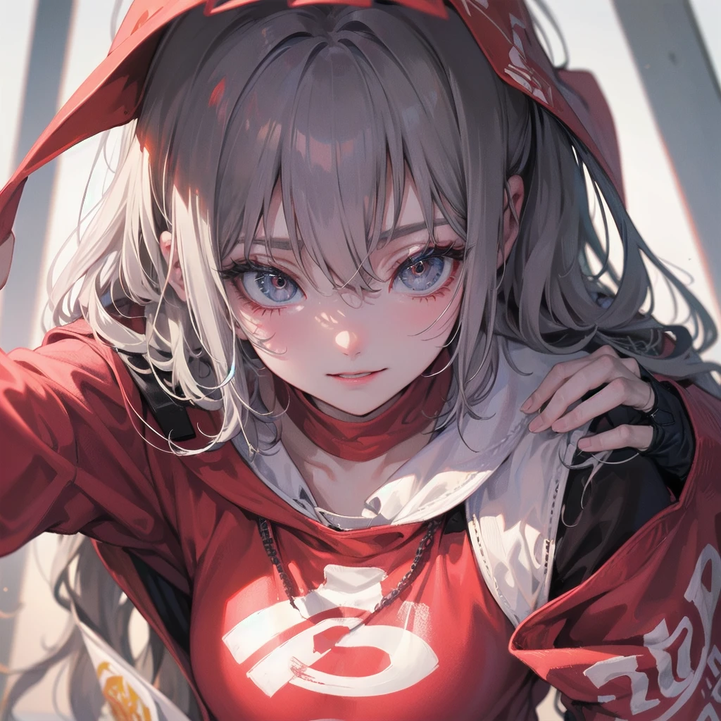 Outlook, Cute Smile, Strange Perspective, Red sweater,( change)Moderate, Separate Color,bs shoulder, Blushed,(Gray Hair), White Gloves,White boots,dirty,Torn clothes,Clothing that shows blood:1.3),, Tearing the cloak, tear pantyhose ,Cyberpunk Streetwear,in contrast,Cyberpunk Character Fashion,Wear high fashion clothes, , Bring your poster to life、impressive,Full Wear, Stylish,noon、From above、Observe your audience、Exquisite limbs、Elaborate eyes、Delicate fingers