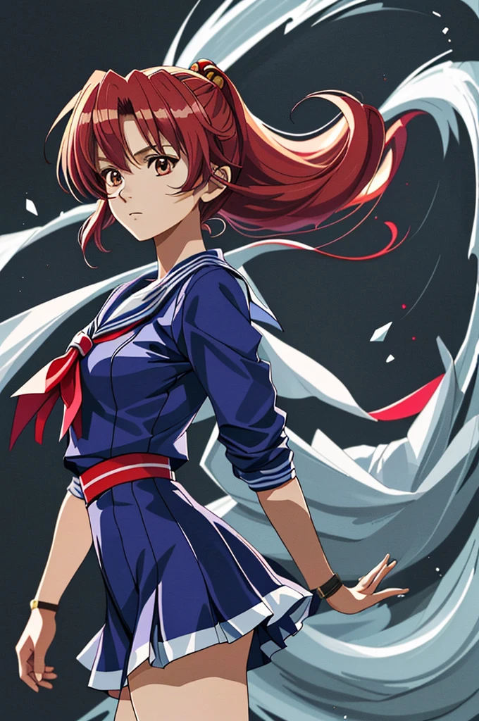 Highest quality，High resolution，((Tokimeki Memorial)) ，One person，（gun），（Shiori Fujisaki），（blue_Sailor suit），woman，One personで，Young Girl，（Red_Hair Color），strongest，Anime Style，(Limbs)，(Full Finger)，(Accurate fingertips), (The finer details), (Super detailed)，4K，(high resolution)，whole body, (Front angle), Looking at the camera,masterpiece，(Subtle details)，(Intricate details)，Octane Rendering，(Hyper Detail)，