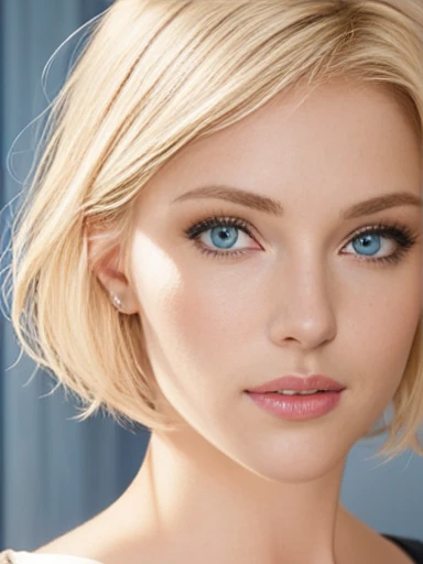 blonde woman with blue eyes and a short haircut posing for a picture, blonde hair and blue eyes, blonde hair blue eyes, blonde short hair, short blond hair, short blonde hair, blond hair blue eyes, blonde and attractive features, a gorgeous blonde, blue eyes and blond hair, short wavy blond hair, a girl with blonde hair, beautiful blonde girl. Perfecteyes eyes.