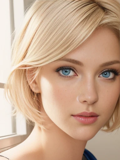 blonde woman with blue eyes and a short haircut posing for a picture, blonde hair and blue eyes, blonde hair blue eyes, blonde short hair, short blond hair, short blonde hair, blond hair blue eyes, blonde and attractive features, a gorgeous blonde, blue eyes and blond hair, short wavy blond hair, a girl with blonde hair, beautiful blonde girl. Perfecteyes eyes.