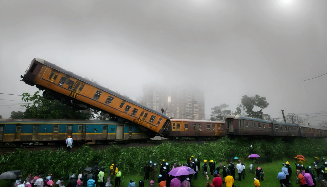 .(Night, Dark, terrible, Ghastly, dreariness:1.9), (foggy:1.7), (There is a railway nearby:1.5), (Dilapidated trains Two trains collided with each other on railways:1.6), (in rainforest alleys:1.3), ((((Multi-storey and complex forest)))), (Dilapidated building:1.6), (brick walls:1.3), (Ray tracing, The lighting is correct:1.8), (Photorealistic:2), ((hyper HD, tmasterpiece, Super detail, offcial art)), (horde of zombies:1.0)