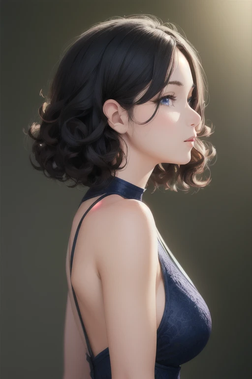 girl,Character design sheet,Beautiful attention to detail,Beautiful lip detail,Very detailed目と顔,Long eyelashes,Realistic,photoRealistic:1.37,Very detailed,Professional,Vibrant colors,Portraiture,Studio Lighting,Sharp focus,Physically Based Rendering,High resolution,超High resolution. blue eyes,Big eyes, Short Hair,Curly hair、Black Hair,Forehead,Lower eyes,Nape、Shoulder,profile