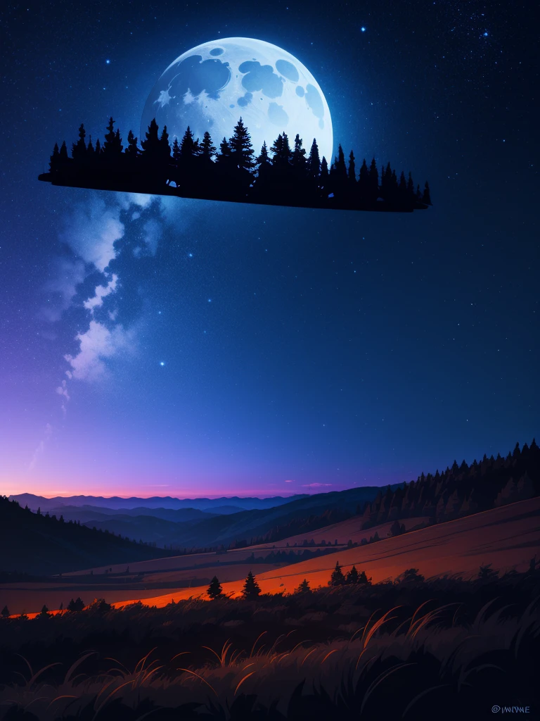 un magnifique paysage de pleine lune, montagne, collines, lune bleue, forêt, des arbres, nuit