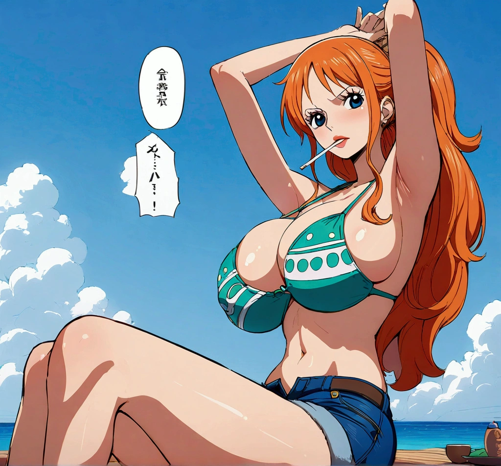 a cartoon picture of a woman in a bikini top and jeans, nami one piece, nami from one piece, nami, beautiful portrait of nami, from one piece, oppai, blue eyes, smoking, ponytail, nsfw