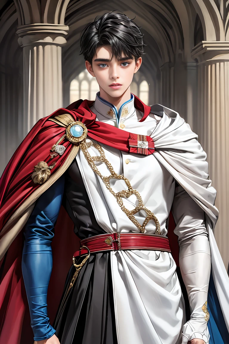 
masterpiece, 最high quality, high quality, 1 boy, alone, Male focus, Watching the audience,  Messy black hair, Adorable big blue eyes, White people, Noble, Noble,Sexy voluminous cape、vampire、A very voluminous, large, very large, very large, long, long red and black cape with a high stand-up collar, made of a lot of fabric that reaches down to the floor., 17 years old,Cute beautiful boys,Cute, cute, kind, handsome guy
