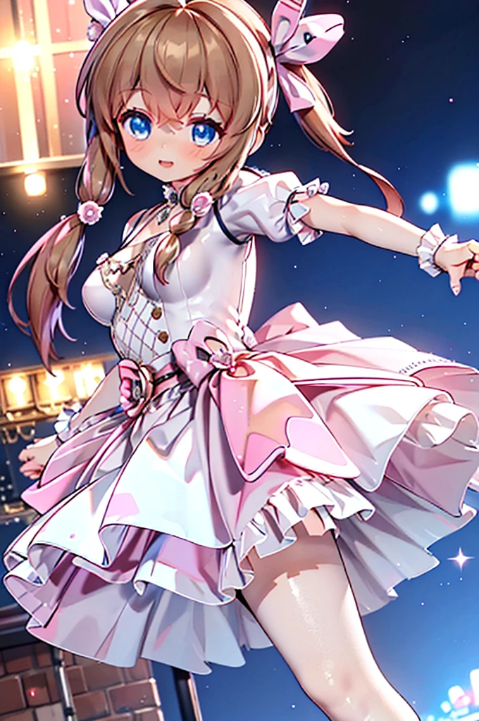 Solo girl, comical, kawaii, Blue eyes, light brown hair, back high twintails, front braids, princess dress, smile, front view, stand at the stage, neon and led lights, posing, sexy, high-resolution image, masterpiece, high quality, attractive eyes, ((dutch angle))
