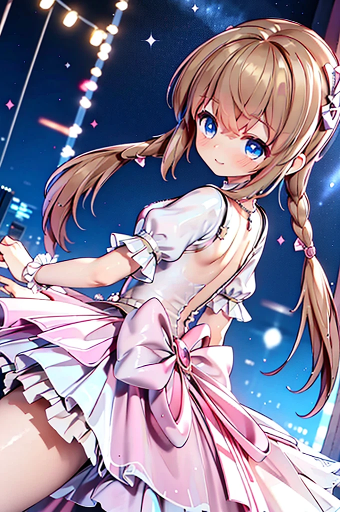 Solo girl, comical, kawaii, Blue eyes, light brown hair, back high twintails, front braids, princess dress, smile, front view, stand at the stage, neon and led lights, posing, sexy, high-resolution image, masterpiece, high quality, attractive eyes, ((dutch angle))
