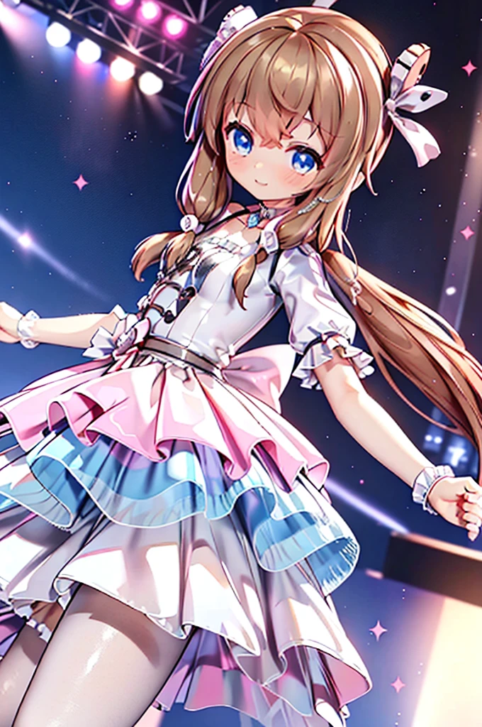 Solo girl, comical, kawaii, Blue eyes, light brown hair, back high twintails, front braids, princess dress, smile, front view, stand at the stage, neon and led lights, posing, sexy, high-resolution image, masterpiece, high quality, attractive eyes, ((dutch angle))
